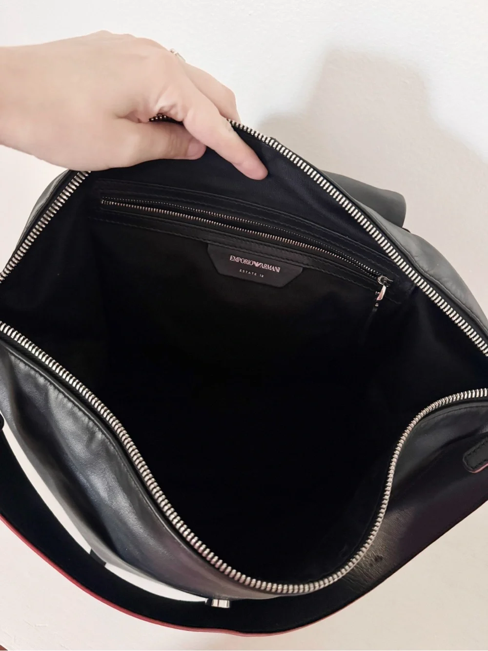 Emporio Armani Black Leather Backpack with Red Accent